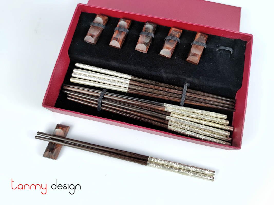 Set of 6 pairs of round rosewood chopsticks with silver head of chopstick engraved with the